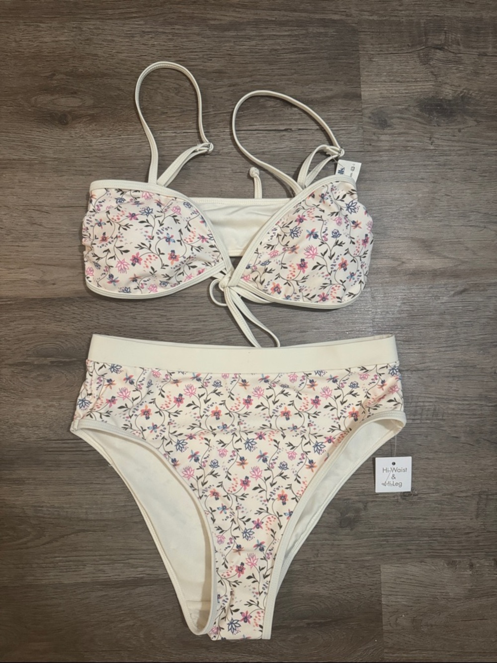 High-Waist Floral Bikini Set in Cream and Pink